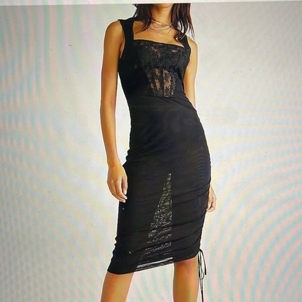 NWT Free People Intimately Midi Dress Large Black Lace Bodice Ruched Drawstring